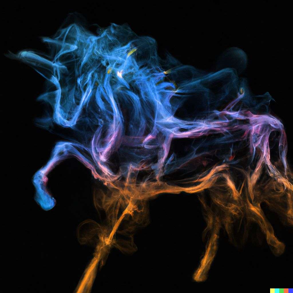 a horse made of very detailed curling wispy glowing multicolored smoke, digital art, volumetric, 3D render, Octane render